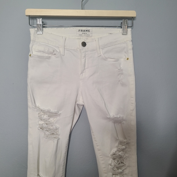FRAME Le Skinny de Jeanne White Distressed Ripped Jeans - Picture 5 of 10